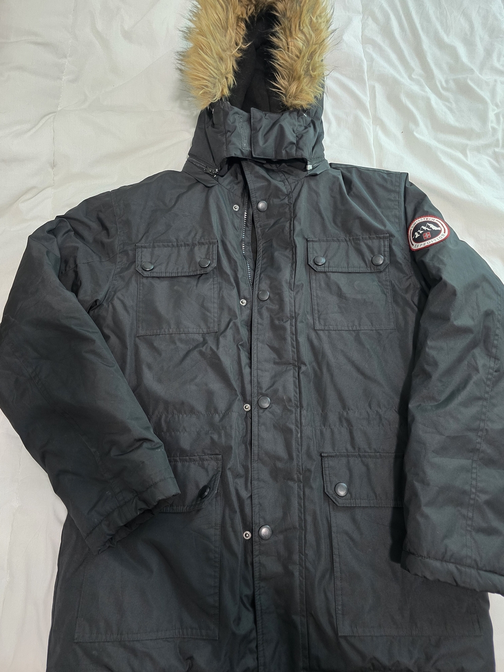 Men's Black Ski Parka with Faux-Fur Hood